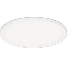 Rund vit LED-taklampa med platt profil och diffus kupa.