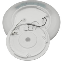 Baksida av en rund vit LED-panel med monteringsplatta, kablage och anslutningsplint.