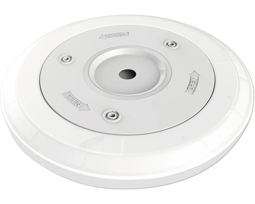 Monteringssockel för rökdetektor i vit plast med pilmarkeringar för öppning.