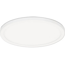 Rund platt LED-taklampa i vitt med enkel design för jämn belysning.