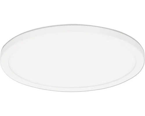 Rund platt LED-taklampa i vitt med enkel design för jämn belysning.