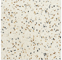 Golvplatta med terrazzo-effekt med ljus bas och fina steninneslutningar i bruna toner och mörkgrått.