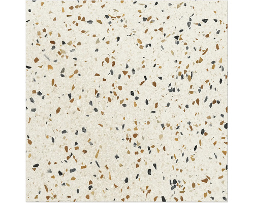 Golvplatta med terrazzo-effekt med ljus bas och fina steninneslutningar i bruna toner och mörkgrått.