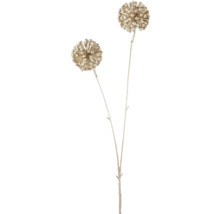Konstgjord dekorationsgren med två klotformade blomhuvuden med glittereffekt.