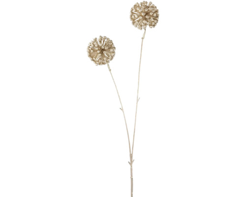 Konstgjord dekorationsgren med två klotformade blomhuvuden med glittereffekt.