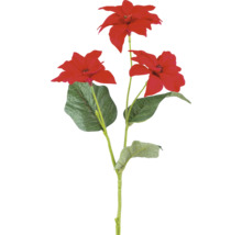 Konstgjord julstjärnegren med tre röda blommor och gröna blad.