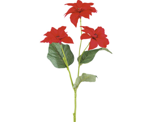 Konstgjord julstjärnegren med tre röda blommor och gröna blad.