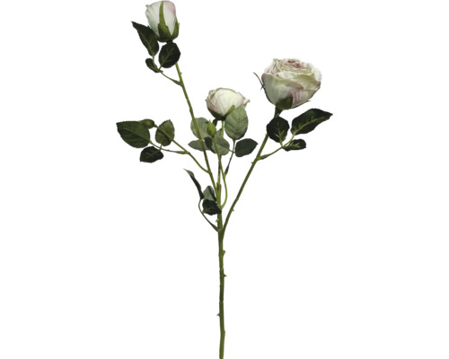 Konstgjord roskvist med tre krämvita blommor och gröna blad.