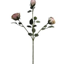 Konstgjord roskvist med tre knoppar och gröna blad.