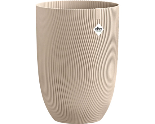 Hög rund blomkruka i beige plast med vågig ytstruktur och Elho Logo.