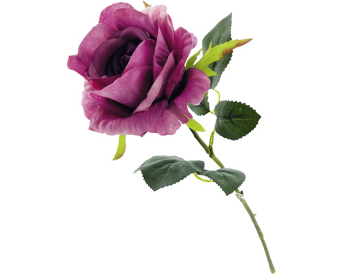 Konstgjord lila ros med stjälk och gröna blad.