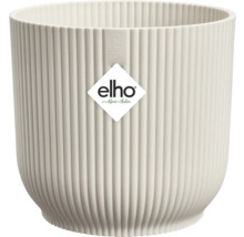 Rund Elho blomkruka Vibes Fold i plast med vertikal räfflad struktur och Elho Logo.