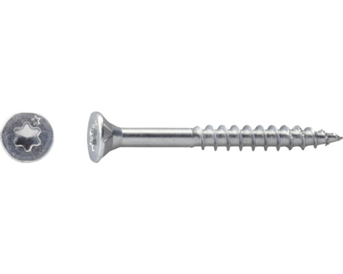 Försänkt skruv med Torx-spår och delgänga av förzinkat stål.