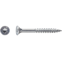 Träskruv med försänkt huvud, Torx-spår och delgänga av stål, vy uppifrån och från sidan.