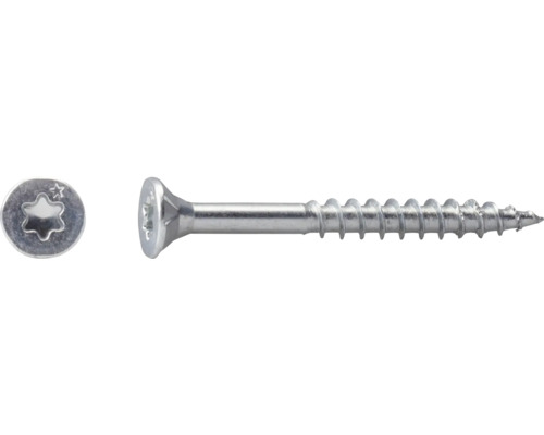 Metallskruv med försänkt huvud, delgänga och Torx-spår.