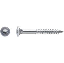 Silverfärgad träskruv av metall med försänkt huvud, torx-fäste och delvis gängad, vy från sidan och uppifrån på huvudet.