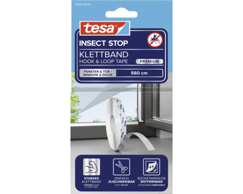 tesa Logo, Insect Stop Premium kardborreband för fönster och dörrar, 560 centimeter, starkt fäste, enkelt att klippa, kan tas bort utan rester.