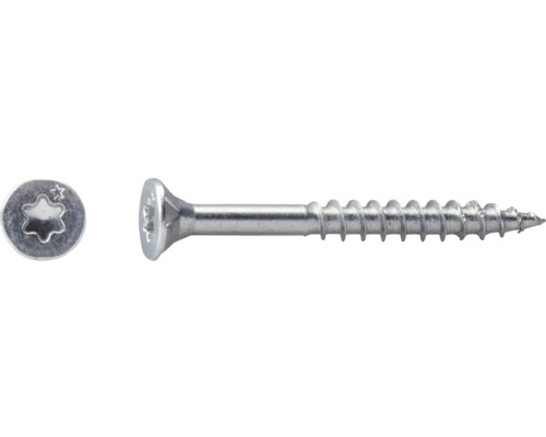 Träskruv med försänkt huvud, Torx-spår och delgänga av stål, vy uppifrån och från sidan.