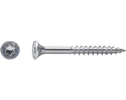 Metallskruv med försänkt huvud, torx-grepp och delvis gängad, vy uppifrån och från sidan.