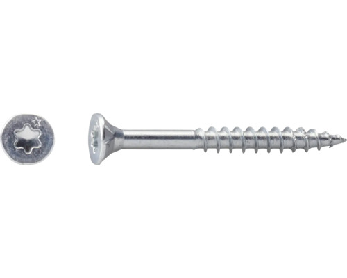 Träskruv av metall med försänkt huvud, torx-spår och delgänga.