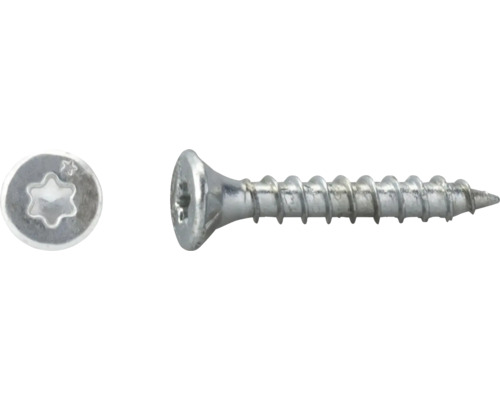 Försänkt skruv av förzinkat stål med Torx-spår och vass spets.