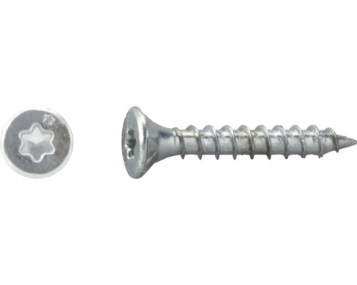 Träskruv av metall med försänkt huvud och Torx-fäste, sidovy och vy ovanifrån av huvudet.