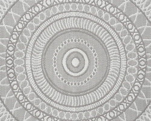 Rund matta med cirkelformat mandalamönster och vävd ytstruktur.