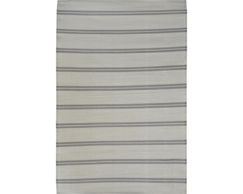 Grå slätvävd matta med horisontellt randmönster.