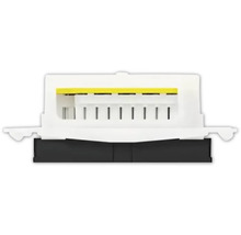 Sidovy av en elektronisk modul med flera anslutningsklämmor och en gul remsa.