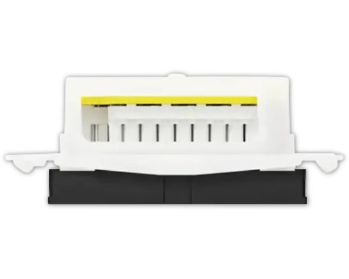 Sidovy av en elektronisk modul med flera anslutningsklämmor och en gul remsa.