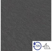 Golvbeläggning i stenlook antracit med symboler för 72 timmars vattenresistens och tålighet mot högklackade skor.