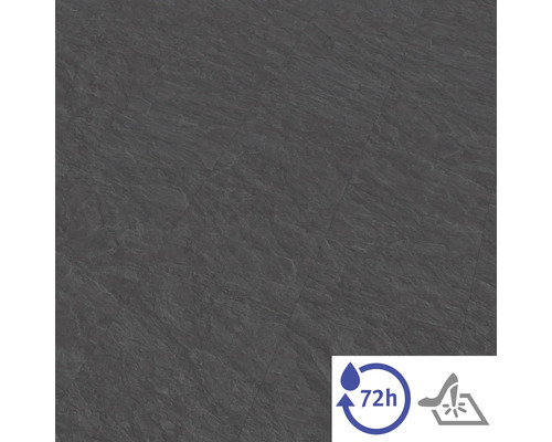 Golvbeläggning i stenlook antracit med symboler för 72 timmars vattenresistens och tålighet mot högklackade skor.