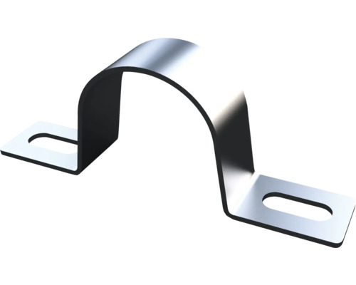 Rörklammer av metall med två avlånga fästhål för fastsättning av rör och kablar.