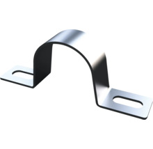 Rörklammer av metall med två avlånga fästhål för fastsättning av rör och kablar.