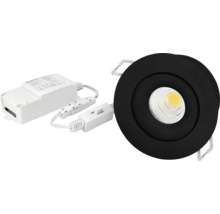 Rund LED-downlight i svart med extern drivrutin och anslutningskablar.
