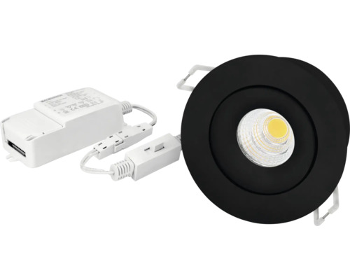 Rund LED-downlight i svart med extern drivrutin och anslutningskablar.