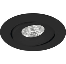 Rund svart infälld spotlight, riktbar, med synlig LED-ljuskälla.