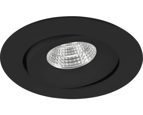 Rund svart infälld spotlight, riktbar, med synlig LED-ljuskälla.