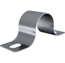 En-delad rörklammer i metall med två monteringshål för rör.