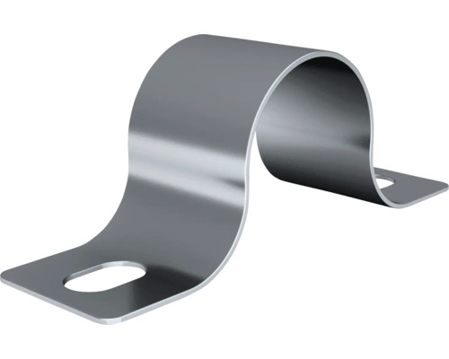 En-delad rörklammer i metall med två monteringshål för rör.