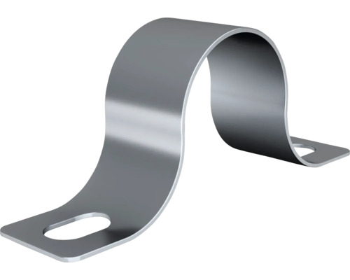 Silverfärgad rörklammer i metall med två monteringshål.