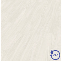 Laminatgolv i ljust träutseende med symbol för 24 timmars vattenbeständighet.