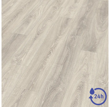 Laminatgolv med trädekor och tjugofyra timmars vattentålighet.