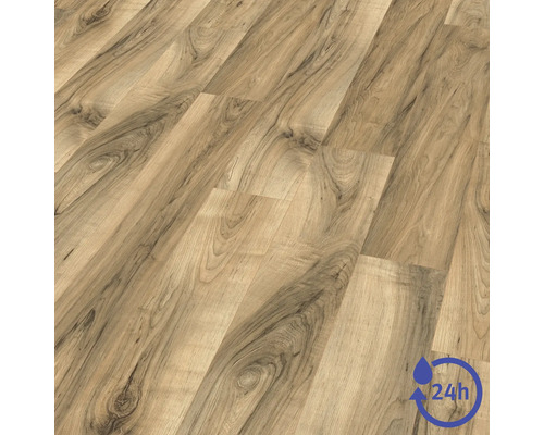 Laminatgolv i eklook med naturlig ådring och symbol för 24 timmars vattenbeständighet.