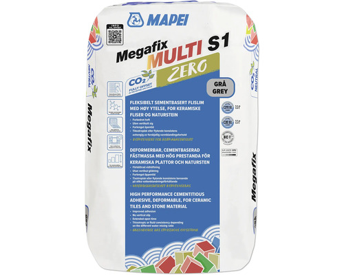 Flexibelt cementbaserat fästmassa Mapei Megafix Multi S1 Zero för keramiska plattor och natursten, färg grå, CO2 neutral.