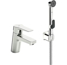 Kromad tvättställsblandare med bidédusch, väggfäste och duschslang.