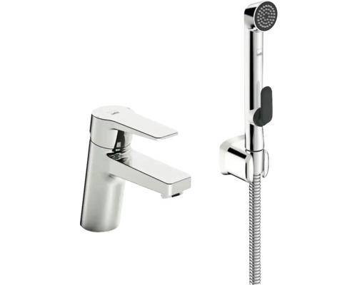Kromad tvättställsblandare med bidédusch, väggfäste och duschslang.