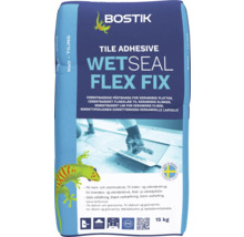 Bostik Logo, fästmassa Wetseal Flex Fix för keramiska plattor, 15 kilogram säck, för inom- och utomhusbruk, lämplig för golvvärme.