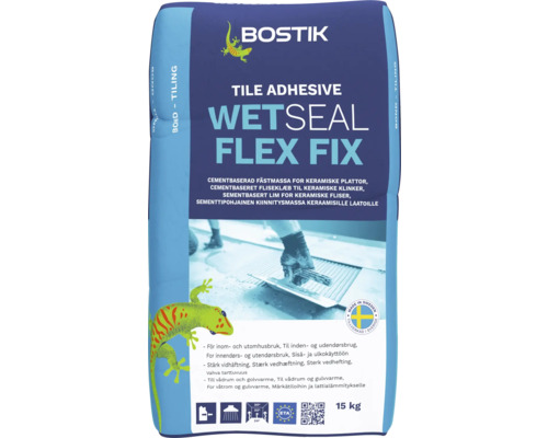 Bostik Logo, fästmassa Wetseal Flex Fix för keramiska plattor, 15 kilogram säck, för inom- och utomhusbruk, lämplig för golvvärme.