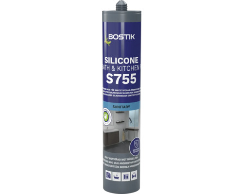 Bostik Logo, silikon S755 för badrum och kök i patron, mögelresistent, delvis tillverkad av återvunnen plast.